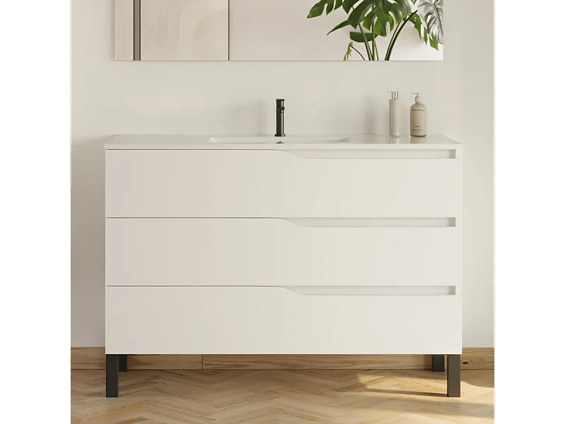 Meuble de salle de bain 120cm simple vasque - sans miroir - 3 tiroirs - blanc - MATA