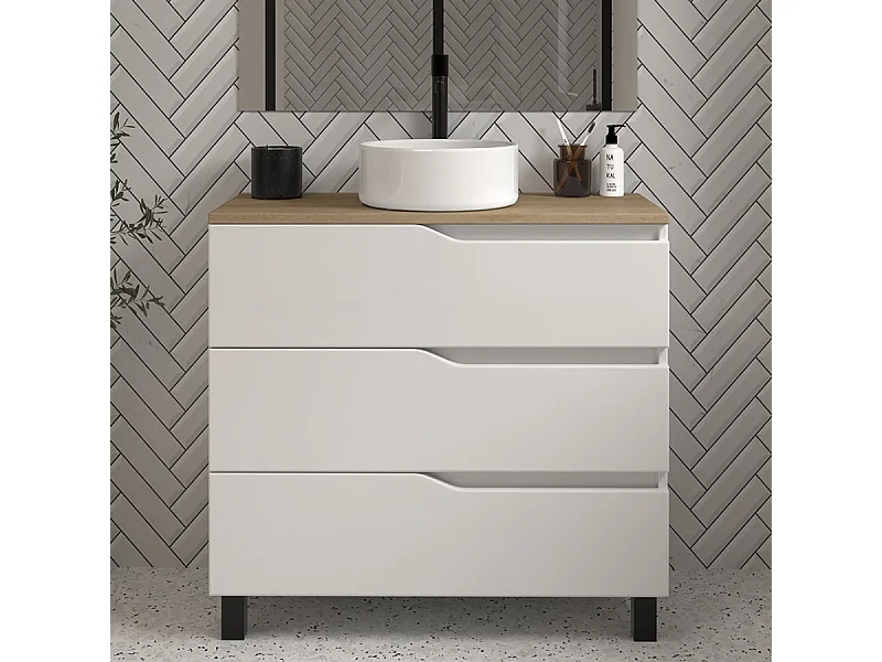 Meuble de salle de bain 60 avec plateau miel et vasque à poser - sans miroir - 3 tiroirs - blanc - MATA