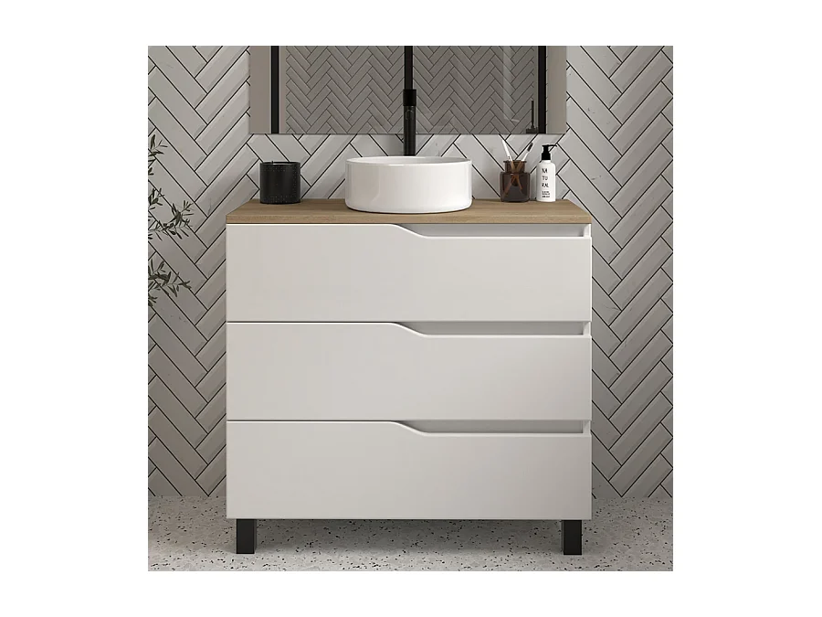 Meuble de salle de bain 60 avec plateau miel et vasque à poser - sans miroir - 3 tiroirs - blanc - MATA