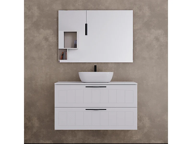 Meuble de salle de bain 90cm avec plateau et vasque à poser ovale - 2 tiroirs - blanc - PIA