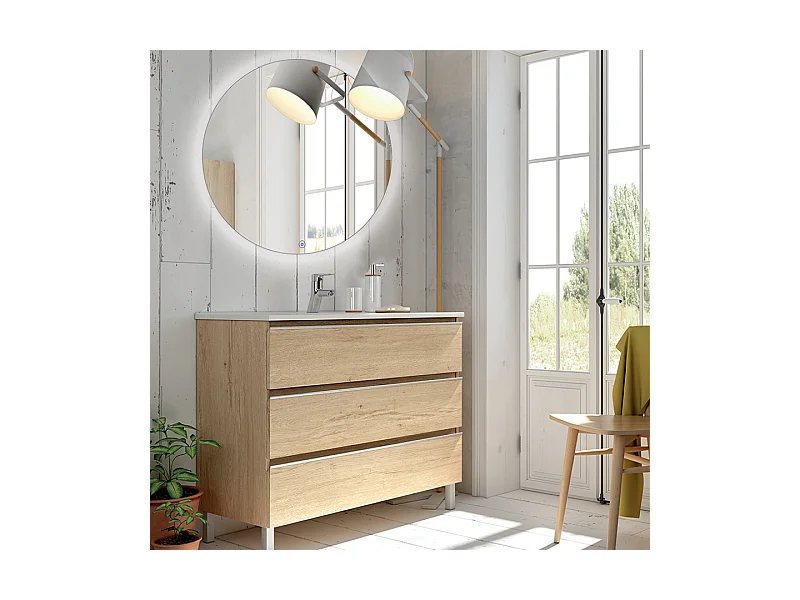 Meuble de salle de bain simple vasque - 3 tiroirs - PALMA et miroir rond Led SOLEN - bambou (chêne clair) - 70cm