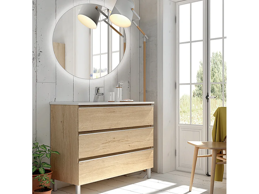 Meuble de salle de bain simple vasque - 3 tiroirs - PALMA et miroir rond Led SOLEN - bambou (chêne clair) - 70cm