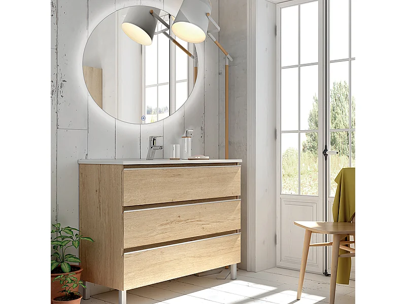 Meuble de salle de bain simple vasque - 3 tiroirs - PALMA et miroir rond Led SOLEN - bambou (chêne clair) - 70cm