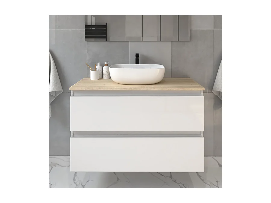 Meuble de salle de bain 2 tiroirs avec vasque à poser arrondie BALEA et miroir rond Led SOLEN - Blanc - 80cm