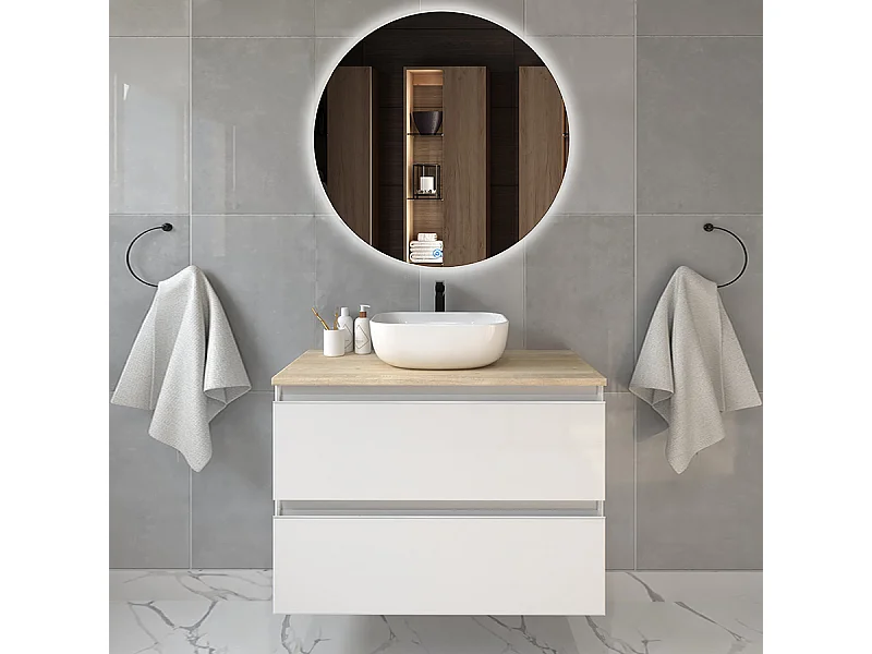 Meuble de salle de bain 2 tiroirs avec vasque à poser arrondie BALEA et miroir rond Led SOLEN - Blanc - 80cm