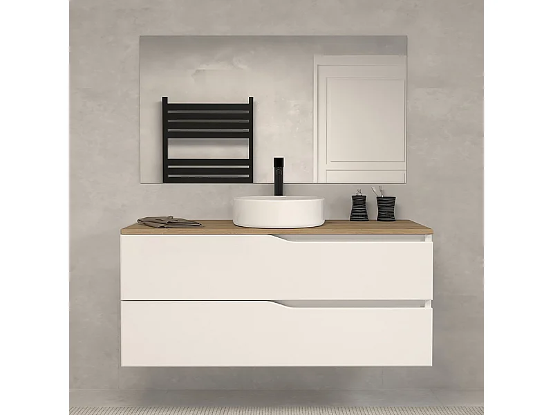 Meuble de salle de bain 120 avec plateau miel et vasque à poser - 2 tiroirs - blanc - LUNA