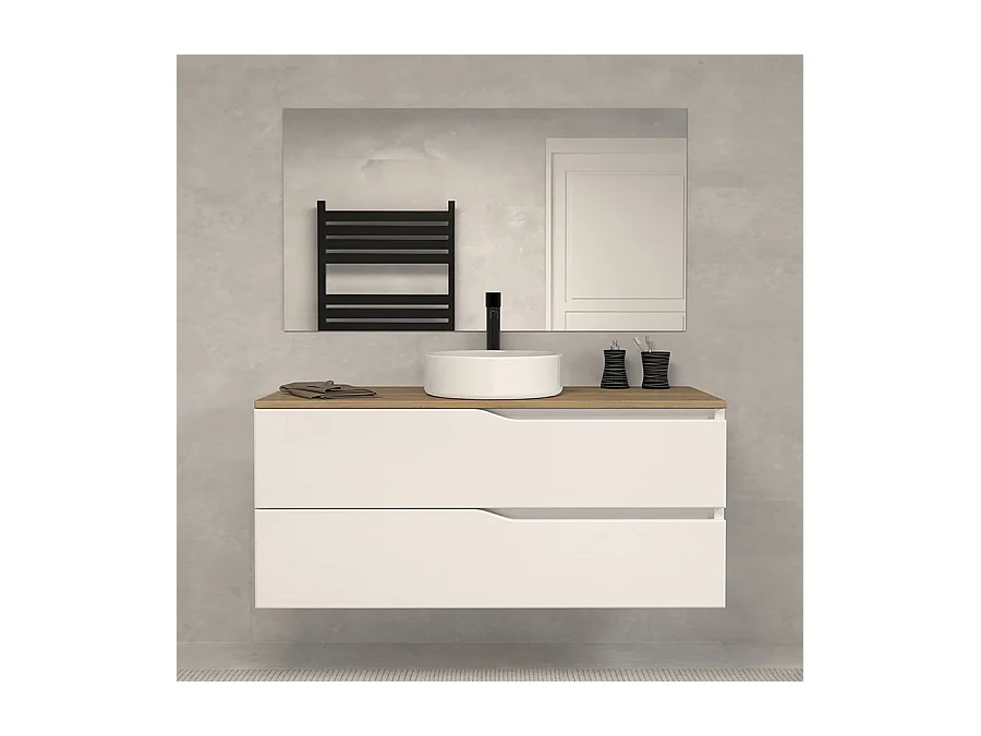 Meuble de salle de bain 120 avec plateau miel et vasque à poser - 2 tiroirs - blanc - LUNA