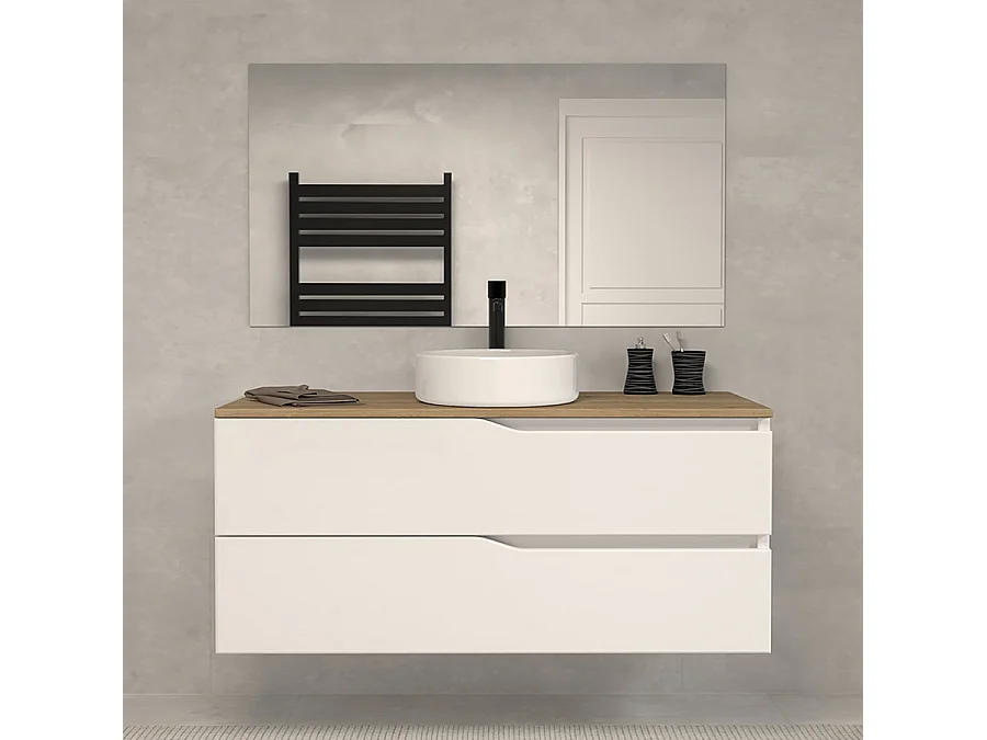 Meuble de salle de bain 120 avec plateau miel et vasque à poser - 2 tiroirs - blanc - LUNA