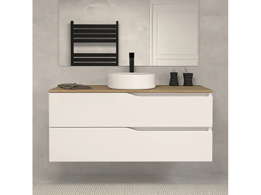 Meuble de salle de bain 120 avec plateau miel et vasque à poser - 2 tiroirs - blanc - LUNA