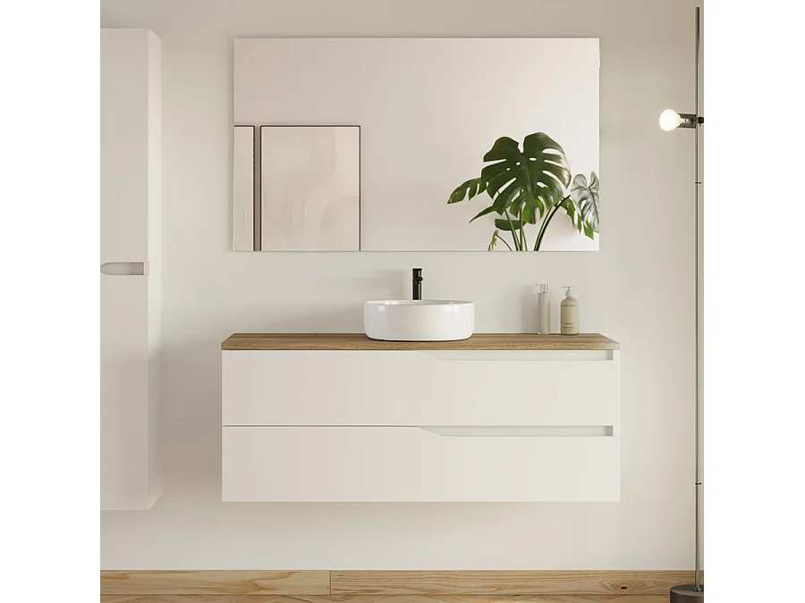 Meuble de salle de bain 120 avec plateau miel et vasque à poser - 2 tiroirs - blanc - LUNA