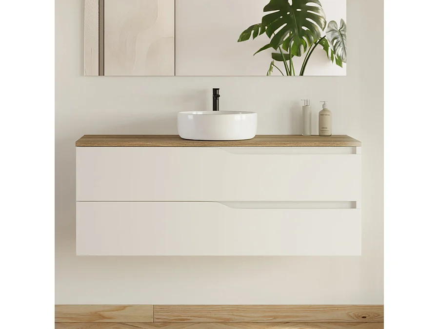 Meuble de salle de bain 120 avec plateau miel et vasque à poser - 2 tiroirs - blanc - LUNA