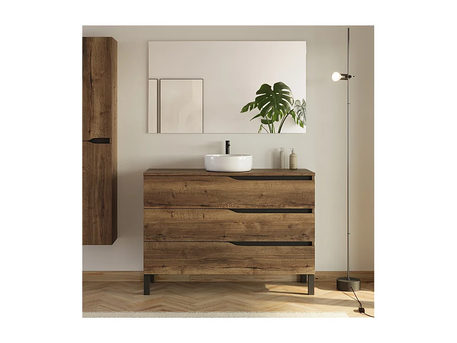 Meuble de salle de bain 120 avec plateau et vasque à poser - 3 tiroirs - tabaco (bois foncé) - MATA