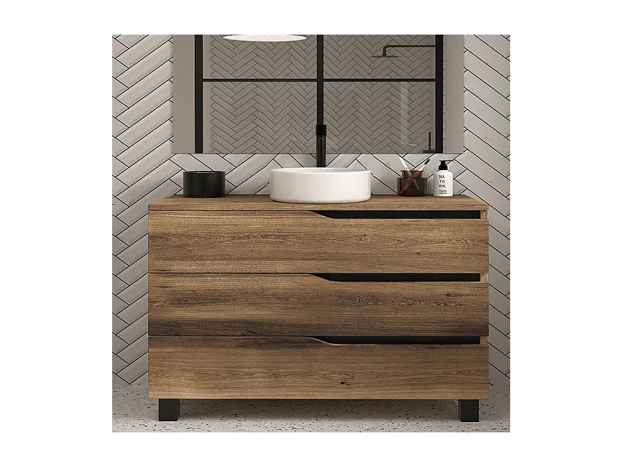 Meuble de salle de bain 120 avec plateau et vasque à poser - 3 tiroirs - tabaco (bois foncé) - MATA