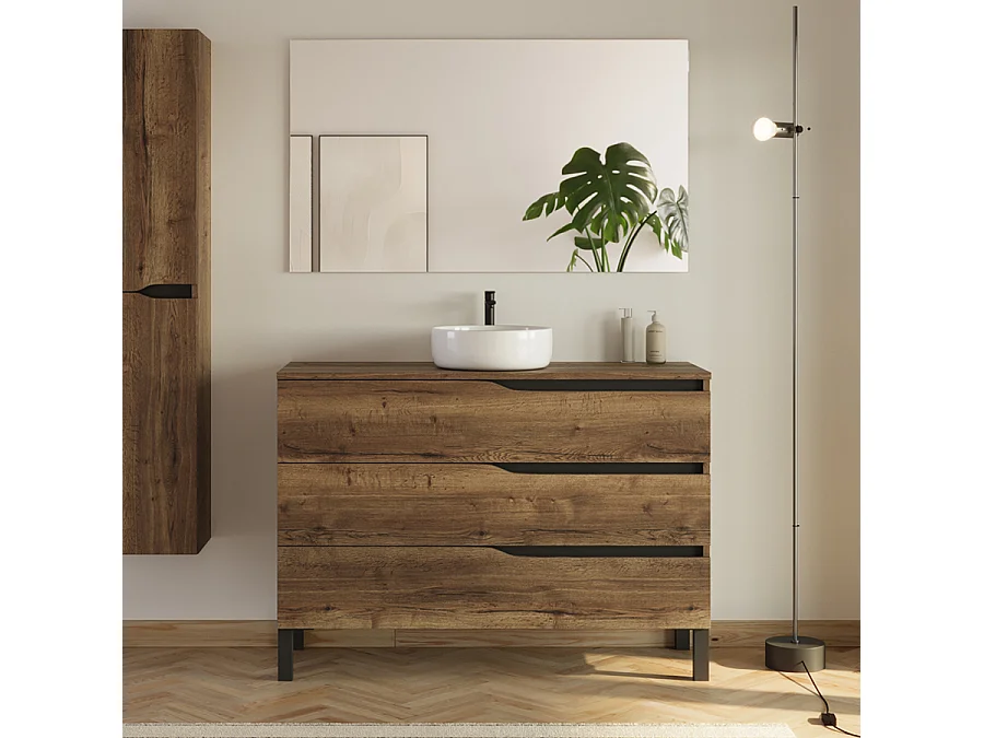 Meuble de salle de bain 120 avec plateau et vasque à poser - 3 tiroirs - tabaco (bois foncé) - MATA