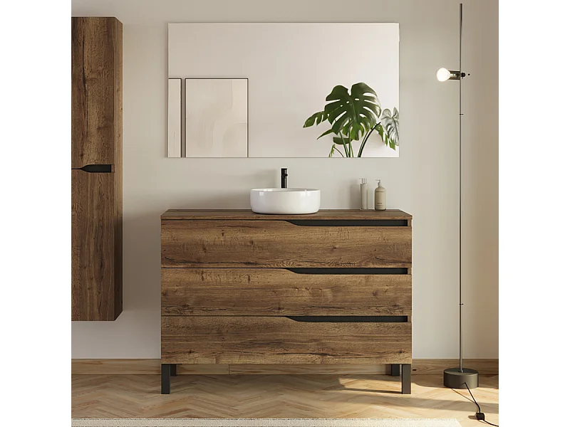 Meuble de salle de bain 120 avec plateau et vasque à poser - 3 tiroirs - tabaco (bois foncé) - MATA