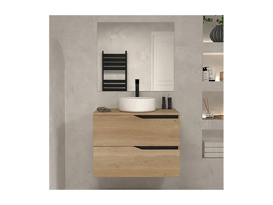 Meuble de salle de bain 60 avec plateau et vasque à poser - 2 tiroirs - madera miel (bois clair) - LUNA