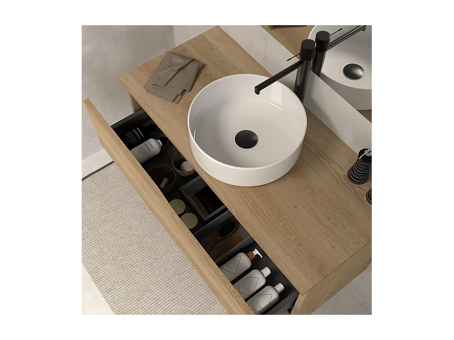 Meuble de salle de bain 60 avec plateau et vasque à poser - 2 tiroirs - madera miel (bois clair) - LUNA