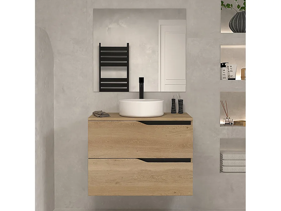 Meuble de salle de bain 60 avec plateau et vasque à poser - 2 tiroirs - madera miel (bois clair) - LUNA