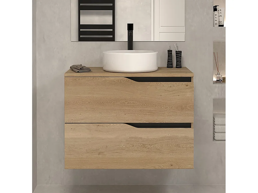 Meuble de salle de bain 60 avec plateau et vasque à poser - 2 tiroirs - madera miel (bois clair) - LUNA