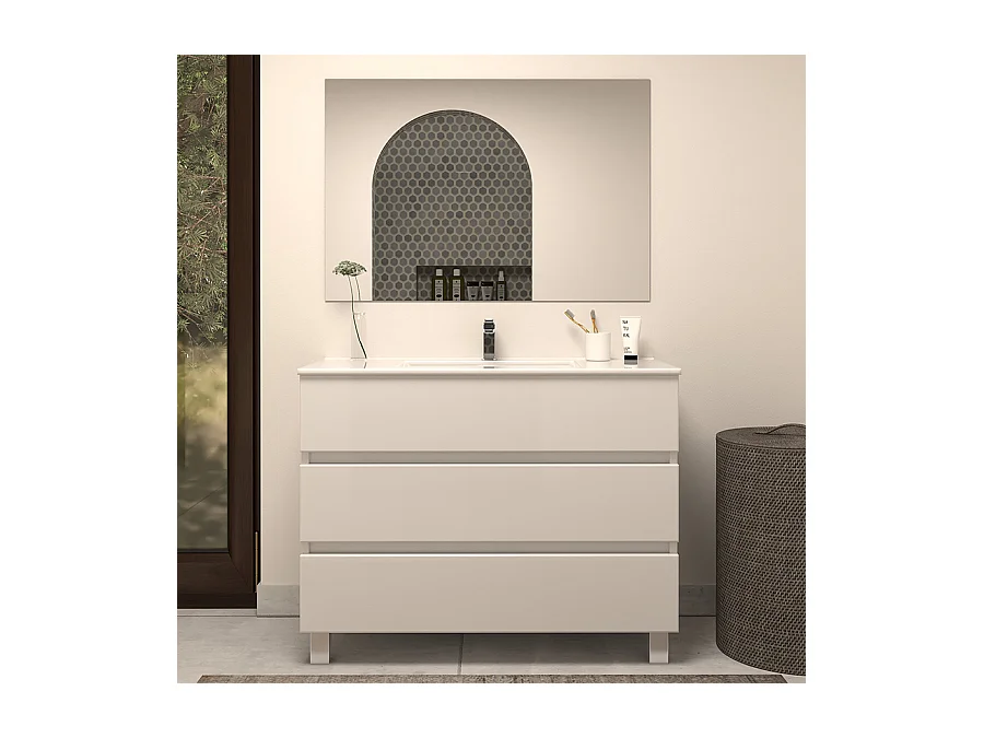 Meuble de salle de bain 100cm simple vasque - 3 tiroirs - blanc - MAYOR
