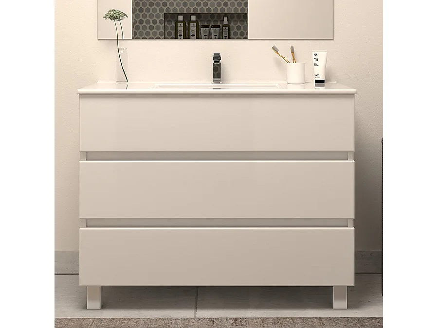 Meuble de salle de bain 100cm simple vasque - 3 tiroirs - blanc - MAYOR