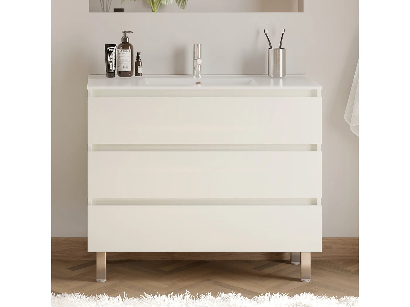 Meuble de salle de bain 100cm simple vasque - 3 tiroirs - blanc - MAYOR
