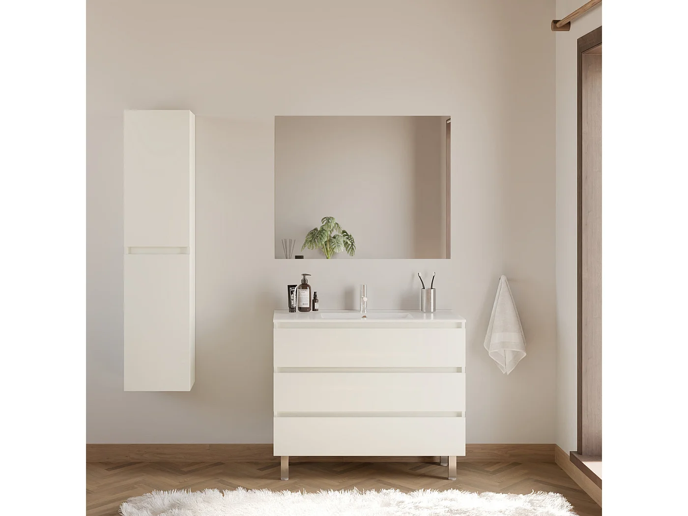Meuble de salle de bain 100cm simple vasque - 3 tiroirs - blanc - MAYOR