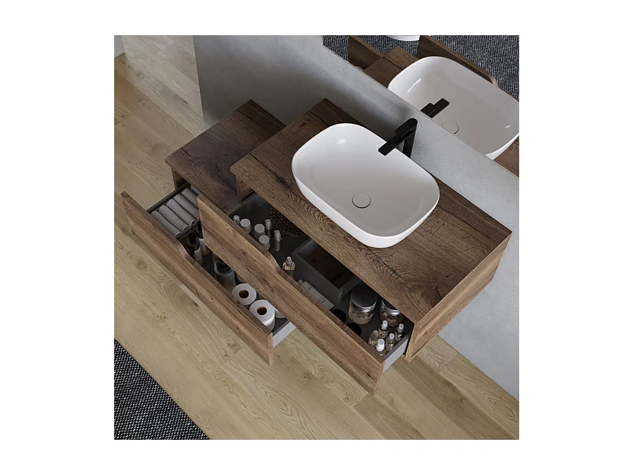 Meuble de salle de bain 120cm avec vasque à poser arrondie - 2 tiroirs - tabaco (bois foncé) - CADIX