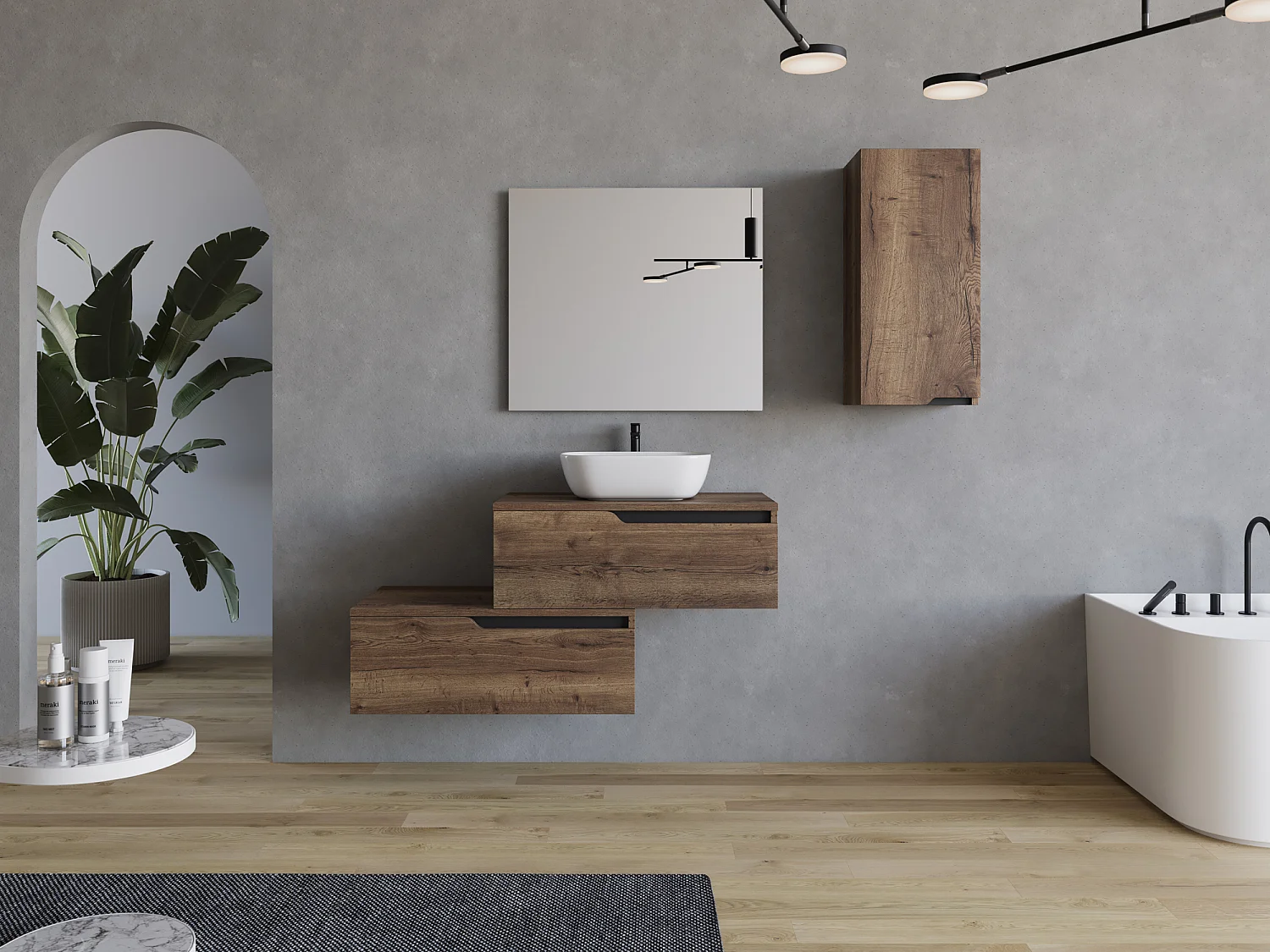 Meuble de salle de bain 120cm avec vasque à poser arrondie - 2 tiroirs - tabaco (bois foncé) - CADIX