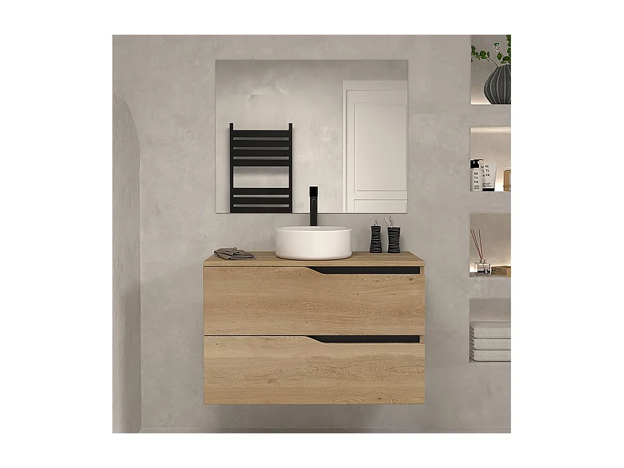Meuble de salle de bain 90cm avec plateau et vasque à poser - 2 tiroirs - madera miel (chêne clair) - LUNA
