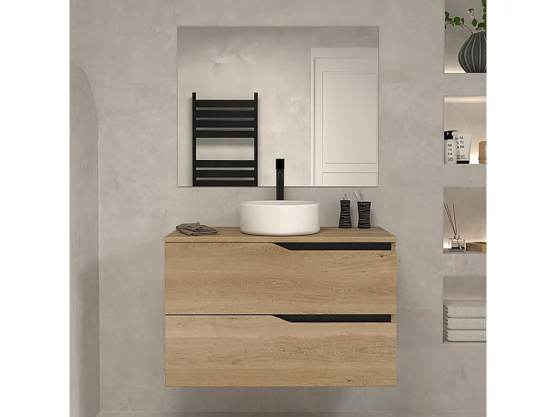 Meuble de salle de bain 90cm avec plateau et vasque à poser - 2 tiroirs - madera miel (chêne clair) - LUNA