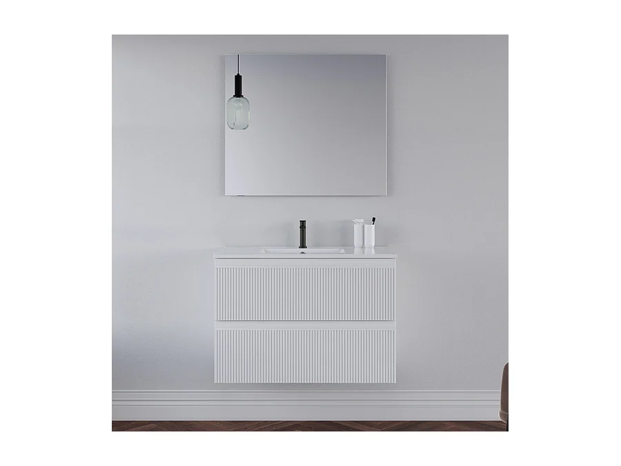 Meuble de salle de bain 70cm avec plan simple vasque - 2 tiroirs - blanc - RIBERA