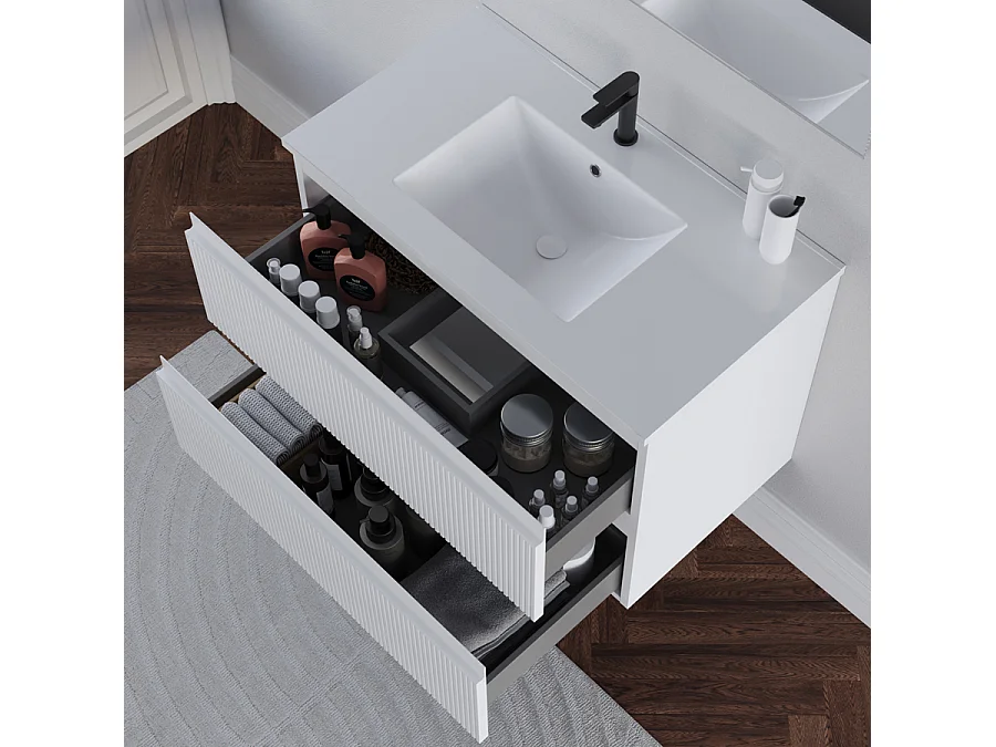 Meuble de salle de bain 70cm avec plan simple vasque - 2 tiroirs - blanc - RIBERA