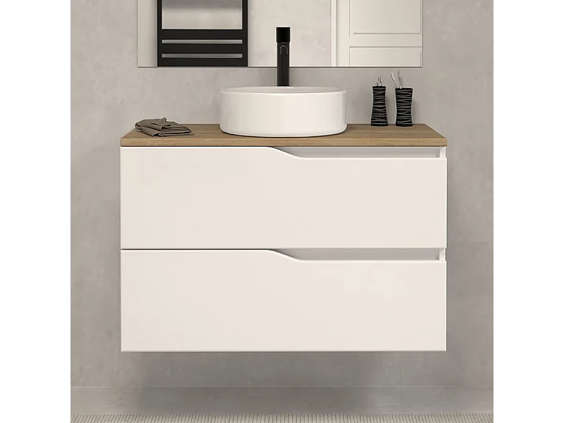 Meuble de salle de bain 60 avec plateau miel et vasque à poser - sans miroir - 2 tiroirs - blanc - LUNA