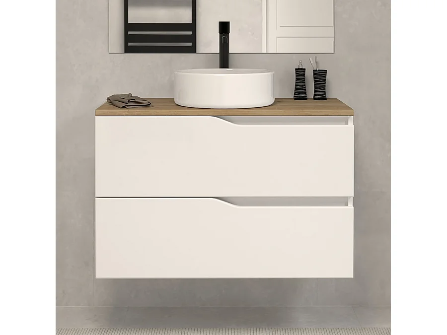 Meuble de salle de bain 60 avec plateau miel et vasque à poser - sans miroir - 2 tiroirs - blanc - LUNA