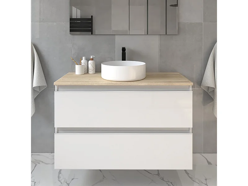 Meuble de salle de bain sans miroir avec vasque à poser ronde BALEA - Blanc - 70cm