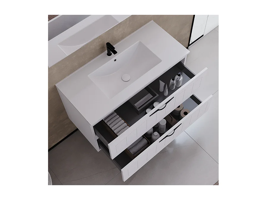 Meuble de salle de bain 90cm simple vasque - 2 tiroirs - sans miroir - blanc - PIA