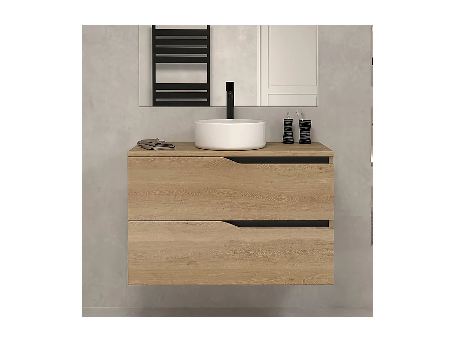 Meuble de salle de bain 90cm avec plateau et vasque à poser - 2 tiroirs - sans miroir - madera miel (chêne clair) - LUNA