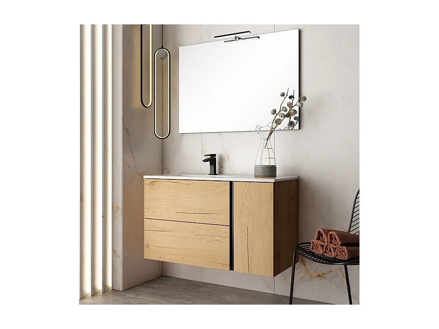 Meuble de salle de bain vasque déportée - 2 tiroirs - PRADO et miroir Led STAM - roble (chêne clair) - 80cm