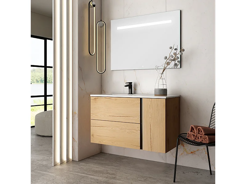 Meuble de salle de bain vasque déportée - 2 tiroirs - PRADO et miroir Led STAM - roble (chêne clair) - 80cm