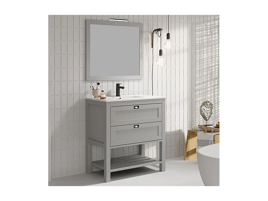 Meuble de salle de bain 80 cm simple vasque - pin massif - 2 tiroirs - PYLA - gris