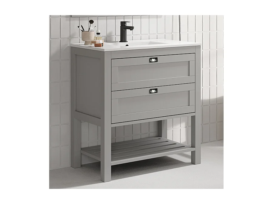 Meuble de salle de bain 80 cm simple vasque - pin massif - 2 tiroirs - PYLA - gris
