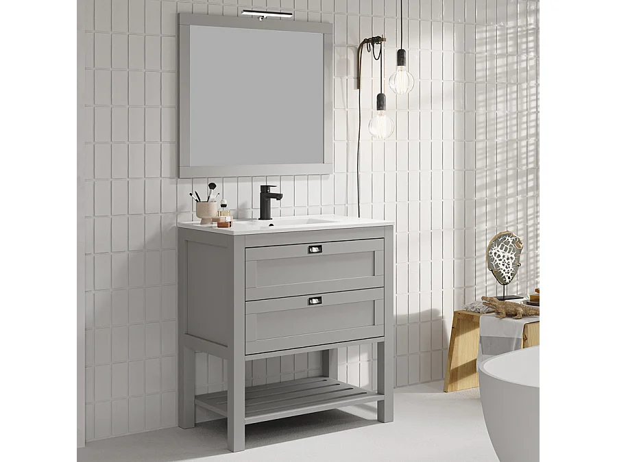 Meuble de salle de bain 80 cm simple vasque - pin massif - 2 tiroirs - PYLA - gris