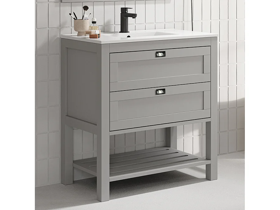 Meuble de salle de bain 80 cm simple vasque - pin massif - 2 tiroirs - PYLA - gris