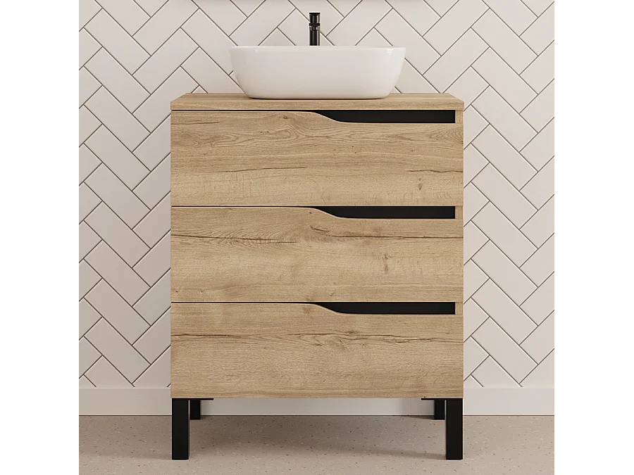 Meuble de salle de bain 60cm avec plateau et vasque à poser zeus - 3 tiroirs - madera miel (chêne clair) - MATA