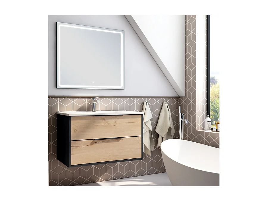 Meuble de salle de bain simple vasque - 2 tiroirs - ALBA et miroir VELDI - noir-Chêne - 80cm