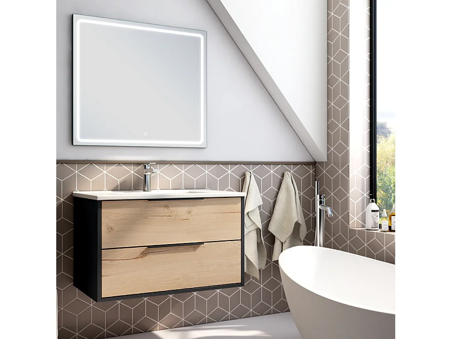 Meuble de salle de bain simple vasque - 2 tiroirs - ALBA et miroir VELDI - noir-Chêne - 80cm