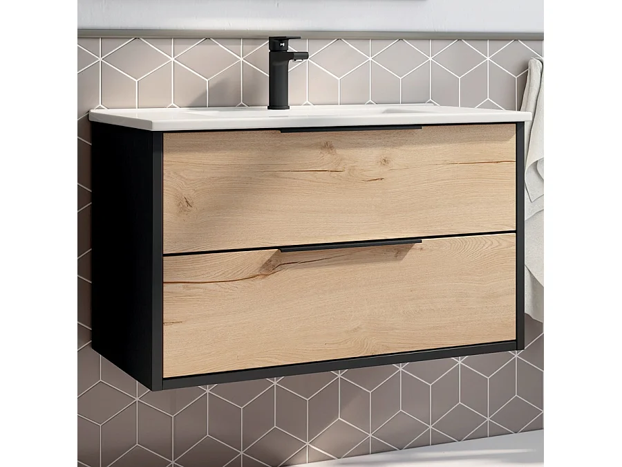 Meuble de salle de bain simple vasque - 2 tiroirs - ALBA et miroir VELDI - noir-Chêne - 80cm