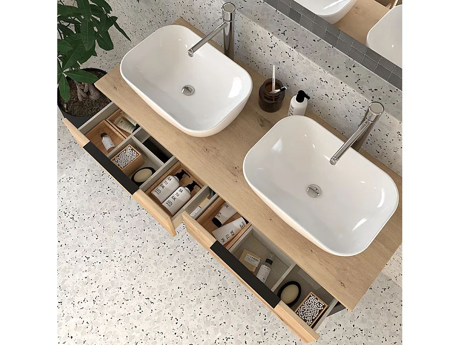 Meuble de salle de bain simple vasque - 2 tiroirs - ALBA et miroir VELDI - noir-Chêne - 80cm
