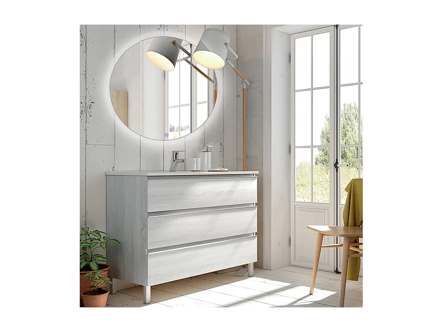 Meuble de salle de bain simple vasque - 3 tiroirs - PALMA et miroir rond Led SOLEN - hibernian (bois blanchi) - 60cm